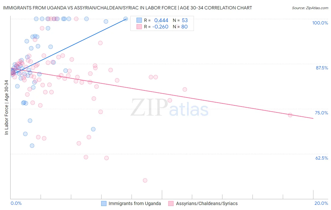 Immigrants from Uganda vs Assyrian/Chaldean/Syriac In Labor Force | Age 30-34