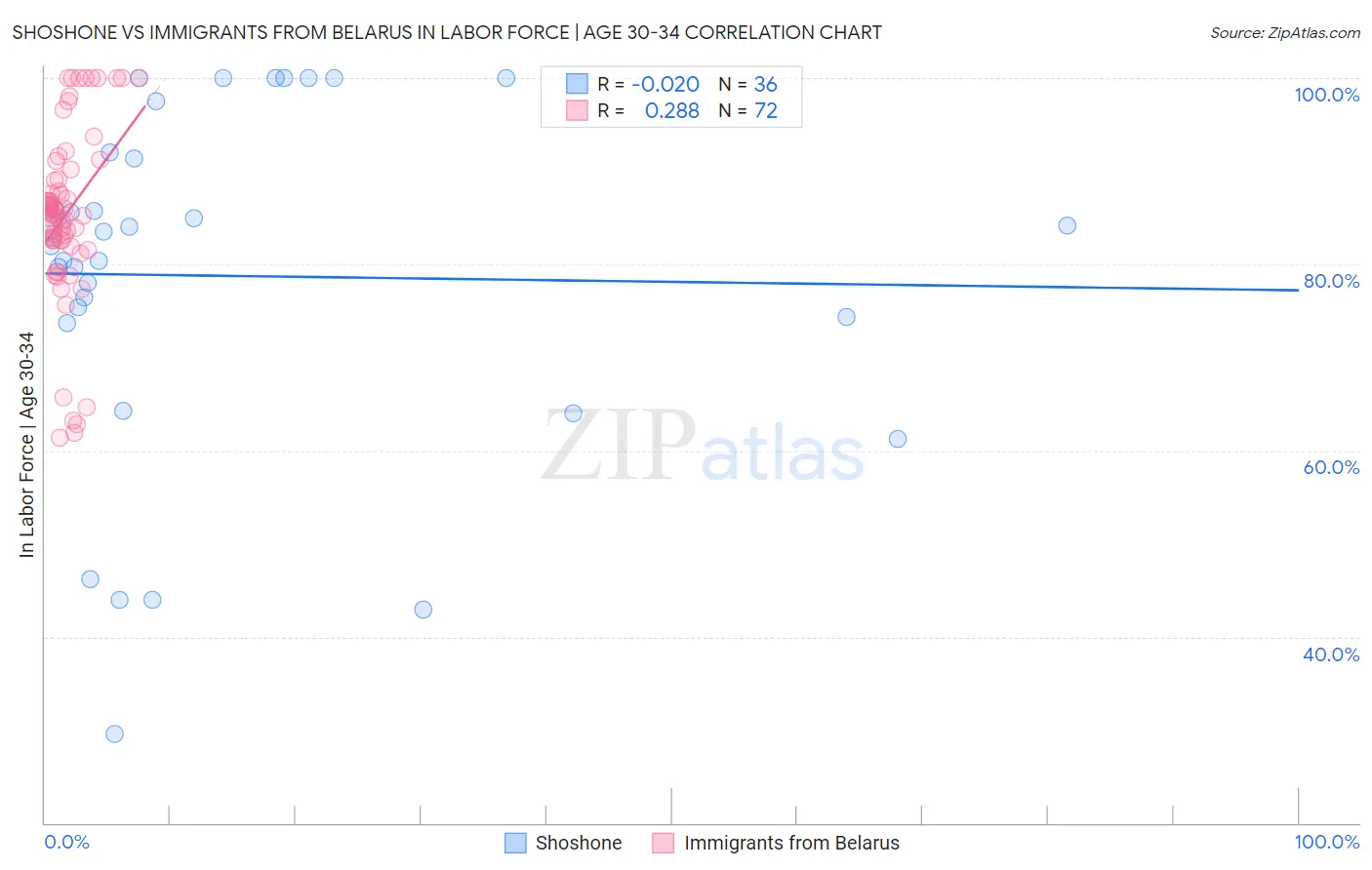 Shoshone vs Immigrants from Belarus In Labor Force | Age 30-34