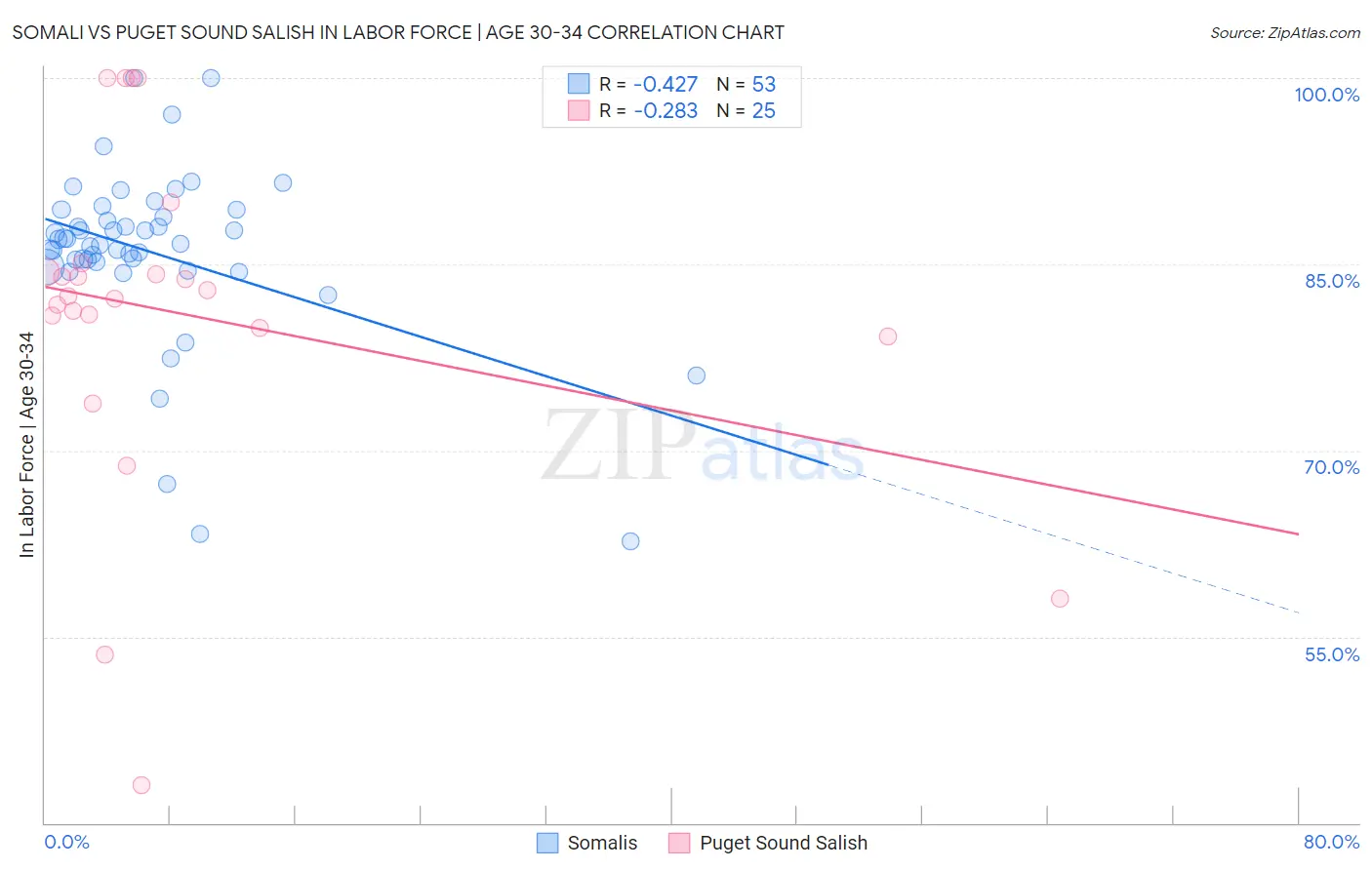 Somali vs Puget Sound Salish In Labor Force | Age 30-34