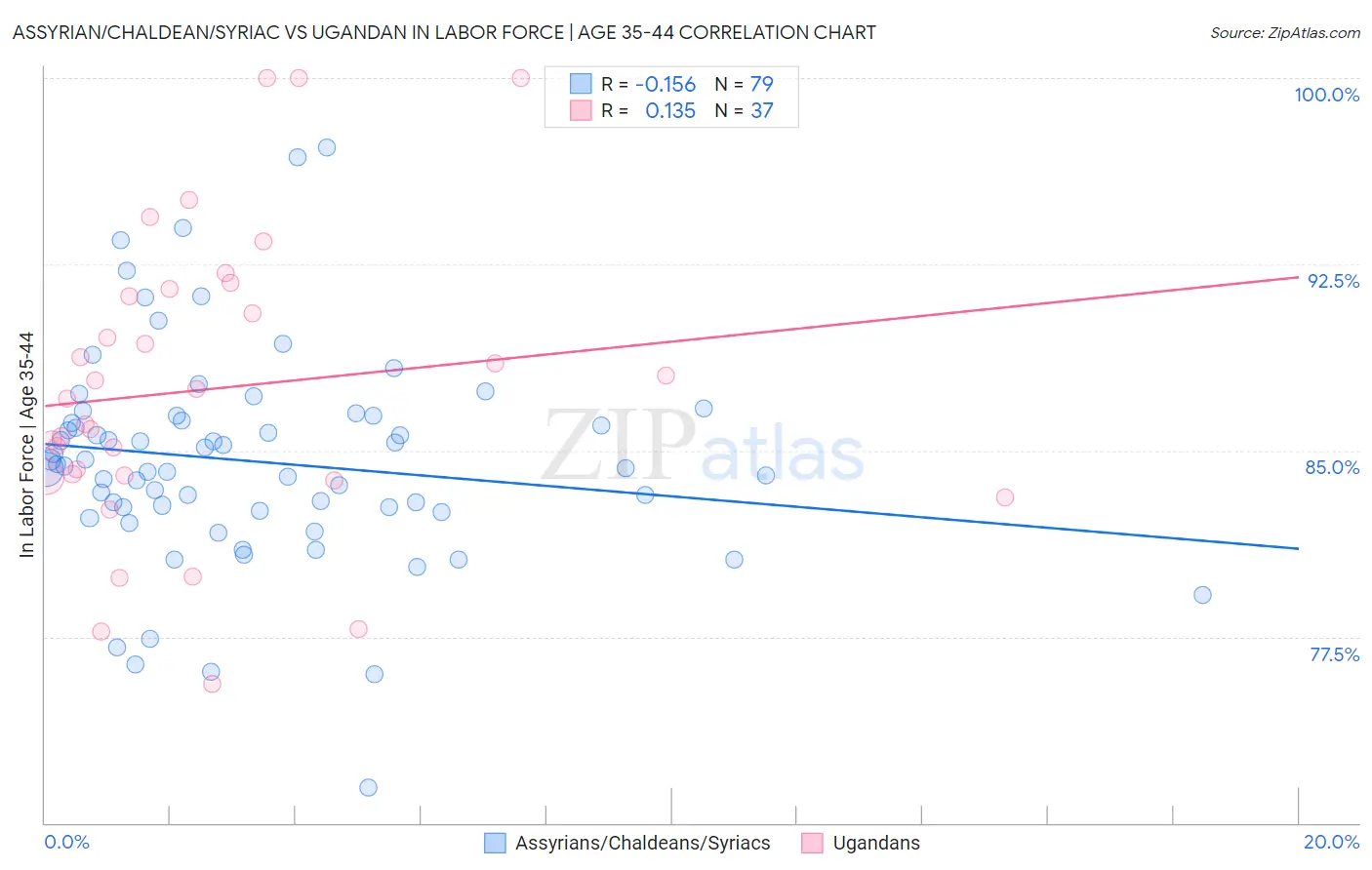 Assyrian/Chaldean/Syriac vs Ugandan In Labor Force | Age 35-44