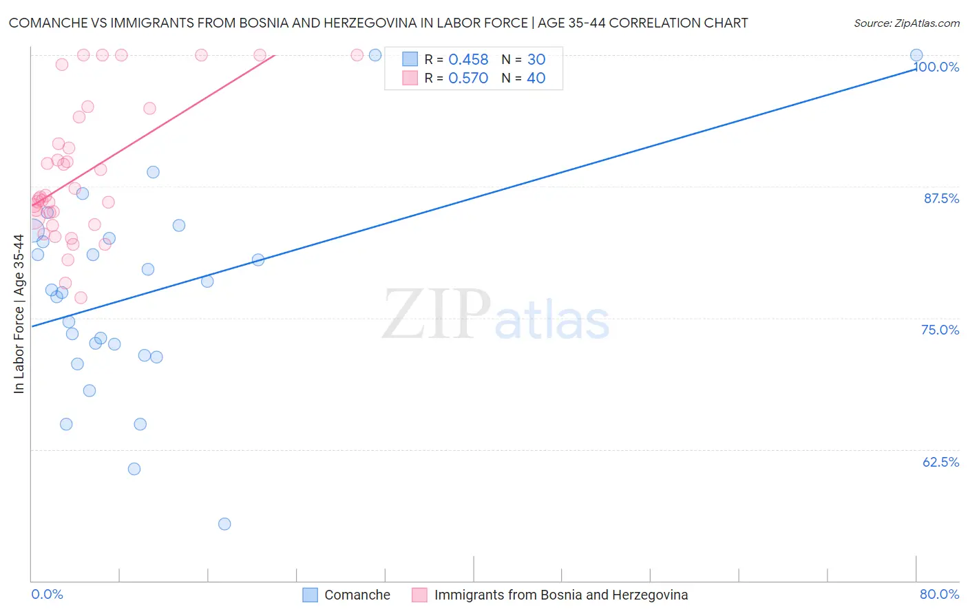 Comanche vs Immigrants from Bosnia and Herzegovina In Labor Force | Age 35-44