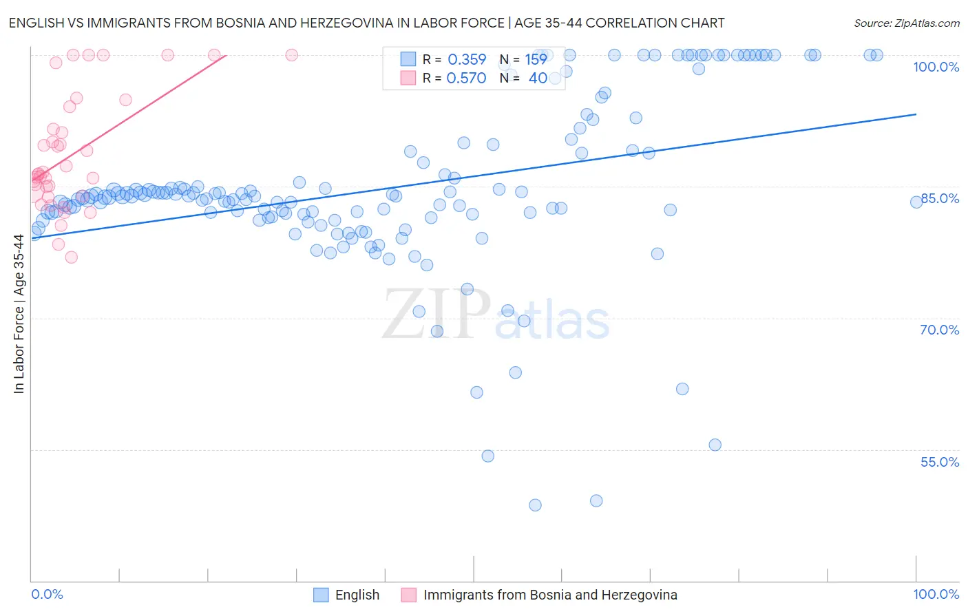 English vs Immigrants from Bosnia and Herzegovina In Labor Force | Age 35-44