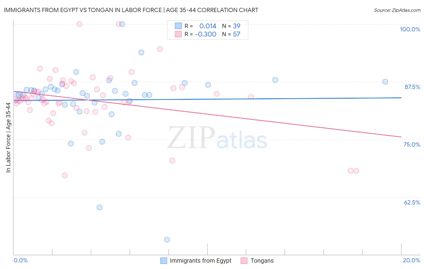 Immigrants from Egypt vs Tongan In Labor Force | Age 35-44