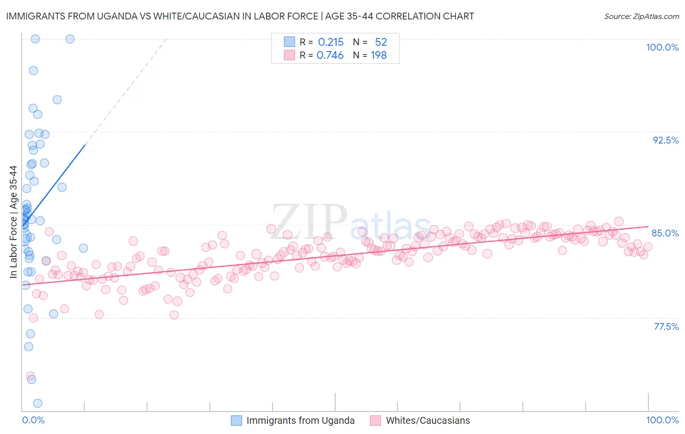 Immigrants from Uganda vs White/Caucasian In Labor Force | Age 35-44