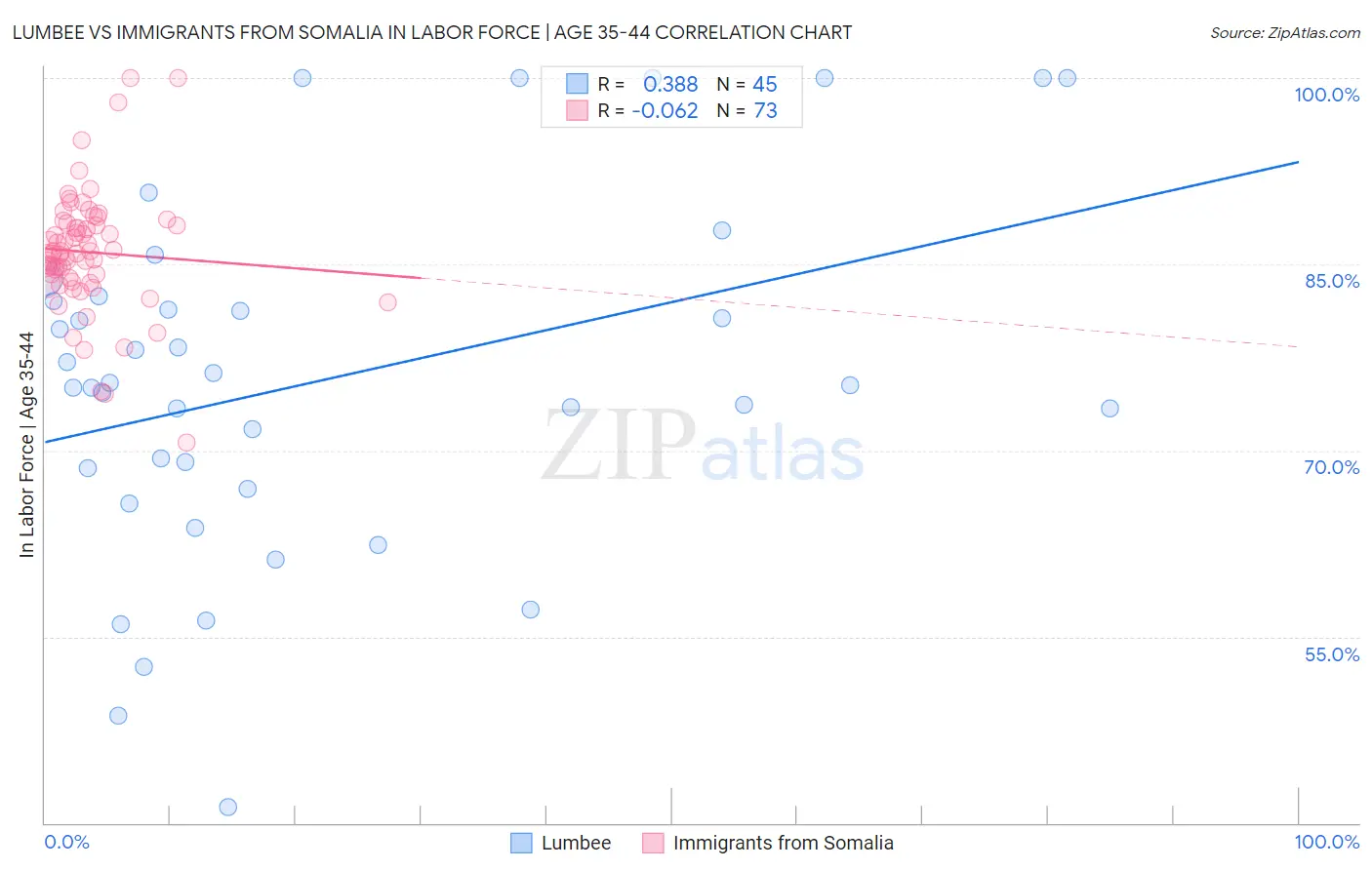 Lumbee vs Immigrants from Somalia In Labor Force | Age 35-44