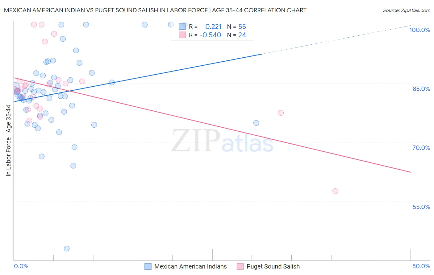 Mexican American Indian vs Puget Sound Salish In Labor Force | Age 35-44