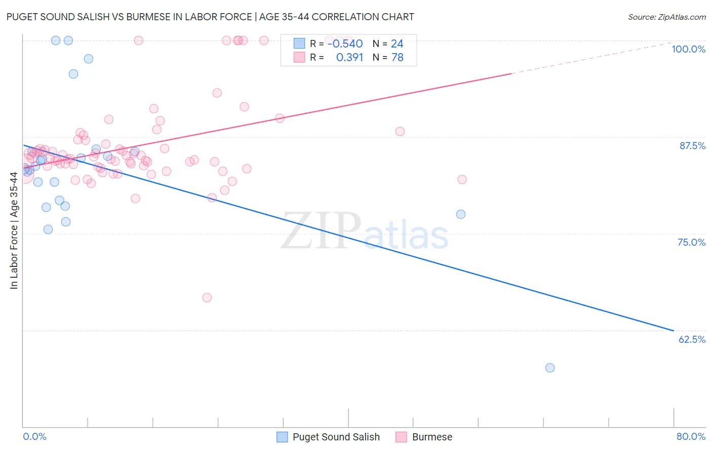 Puget Sound Salish vs Burmese In Labor Force | Age 35-44