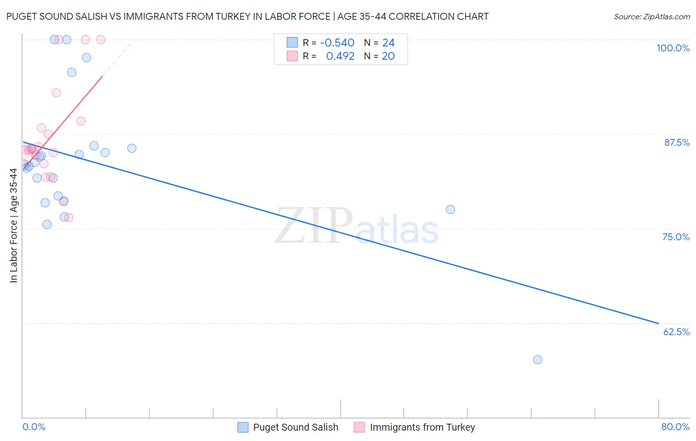 Puget Sound Salish vs Immigrants from Turkey In Labor Force | Age 35-44