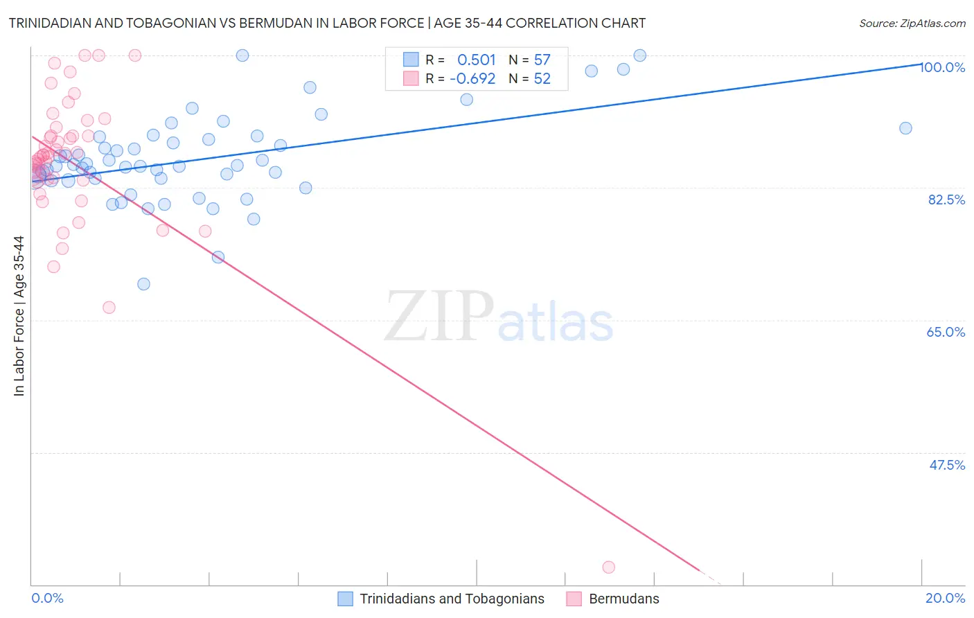 Trinidadian and Tobagonian vs Bermudan In Labor Force | Age 35-44