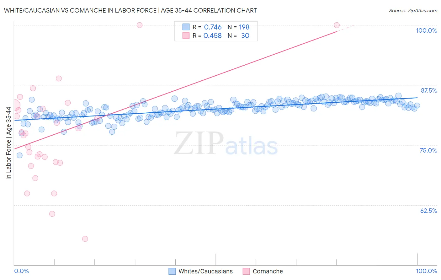 White/Caucasian vs Comanche In Labor Force | Age 35-44