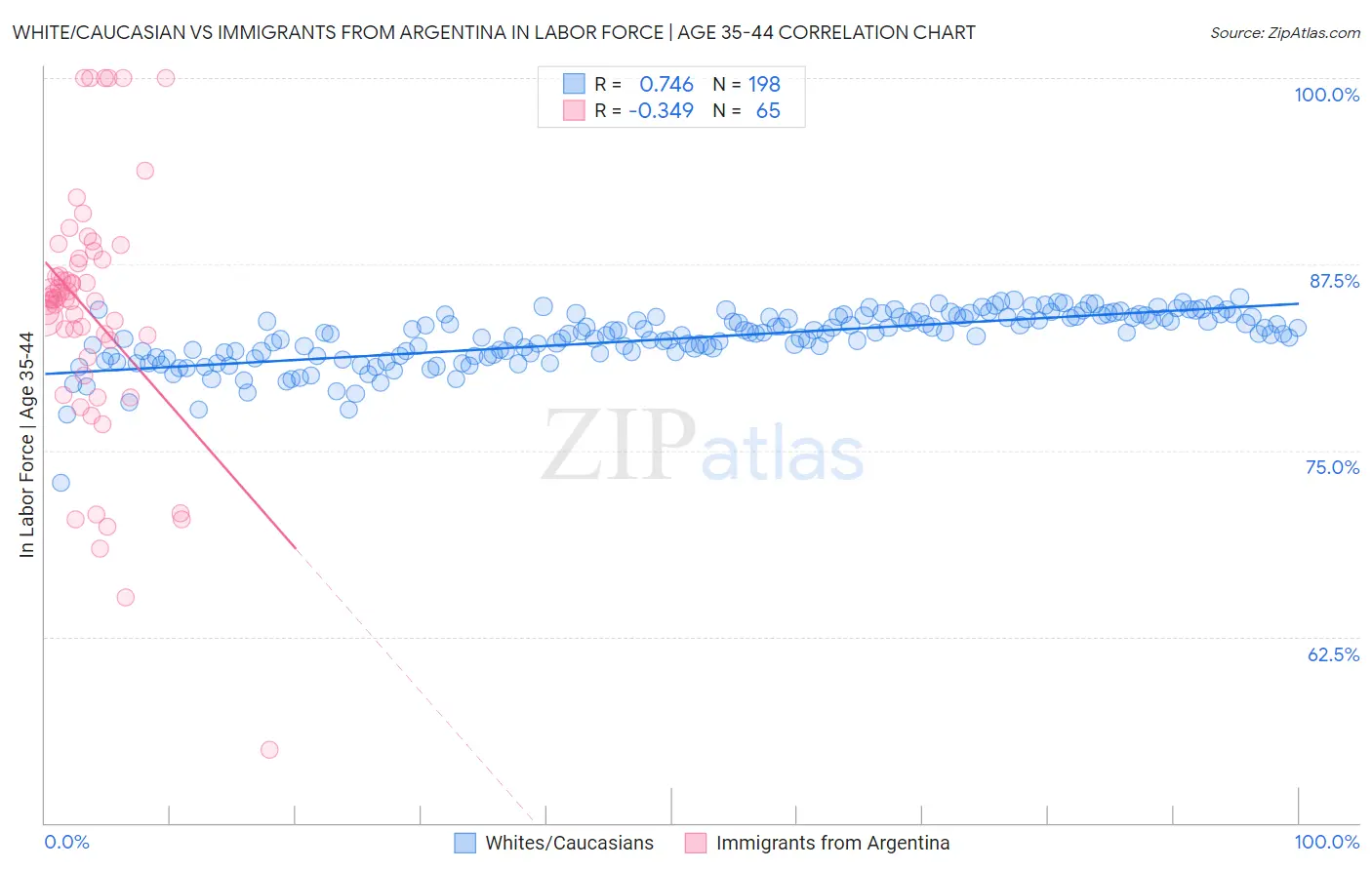 White/Caucasian vs Immigrants from Argentina In Labor Force | Age 35-44