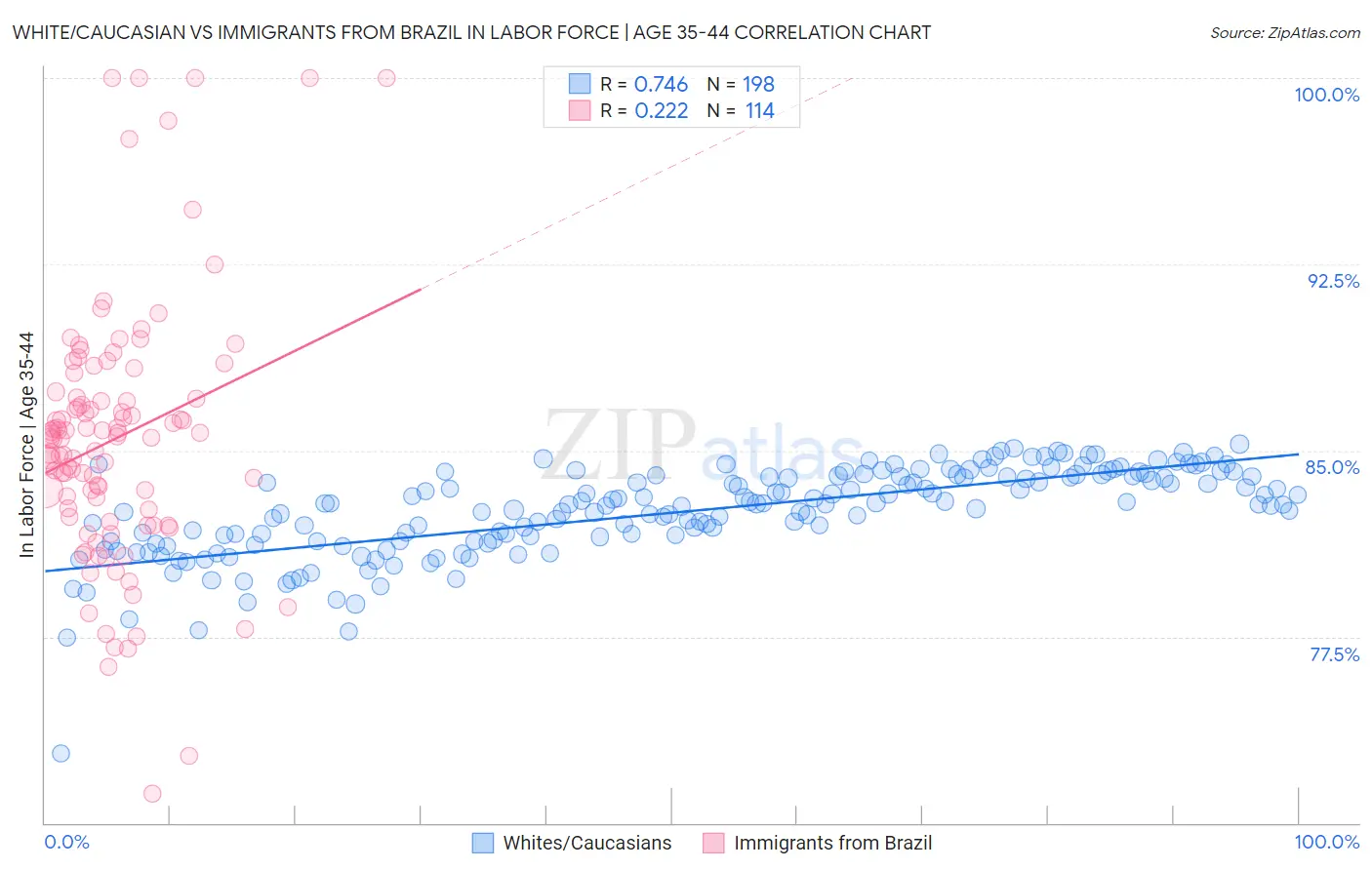 White/Caucasian vs Immigrants from Brazil In Labor Force | Age 35-44