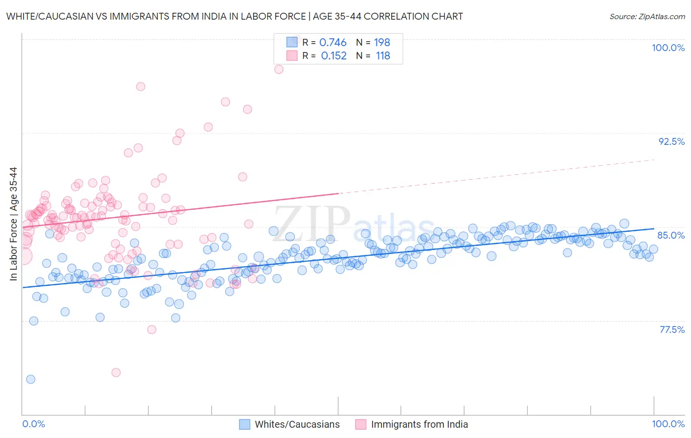 White/Caucasian vs Immigrants from India In Labor Force | Age 35-44