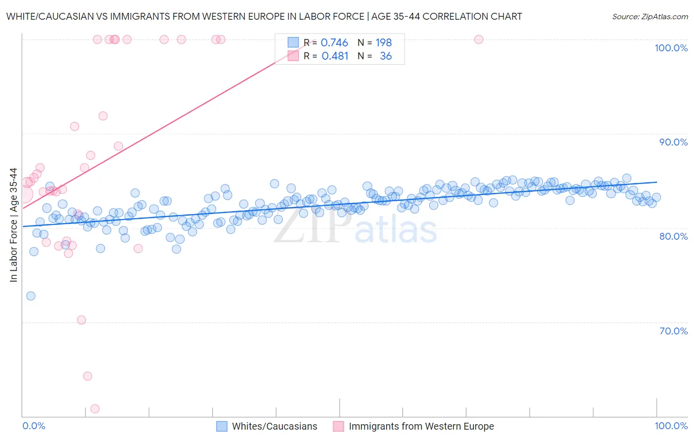 White/Caucasian vs Immigrants from Western Europe In Labor Force | Age 35-44