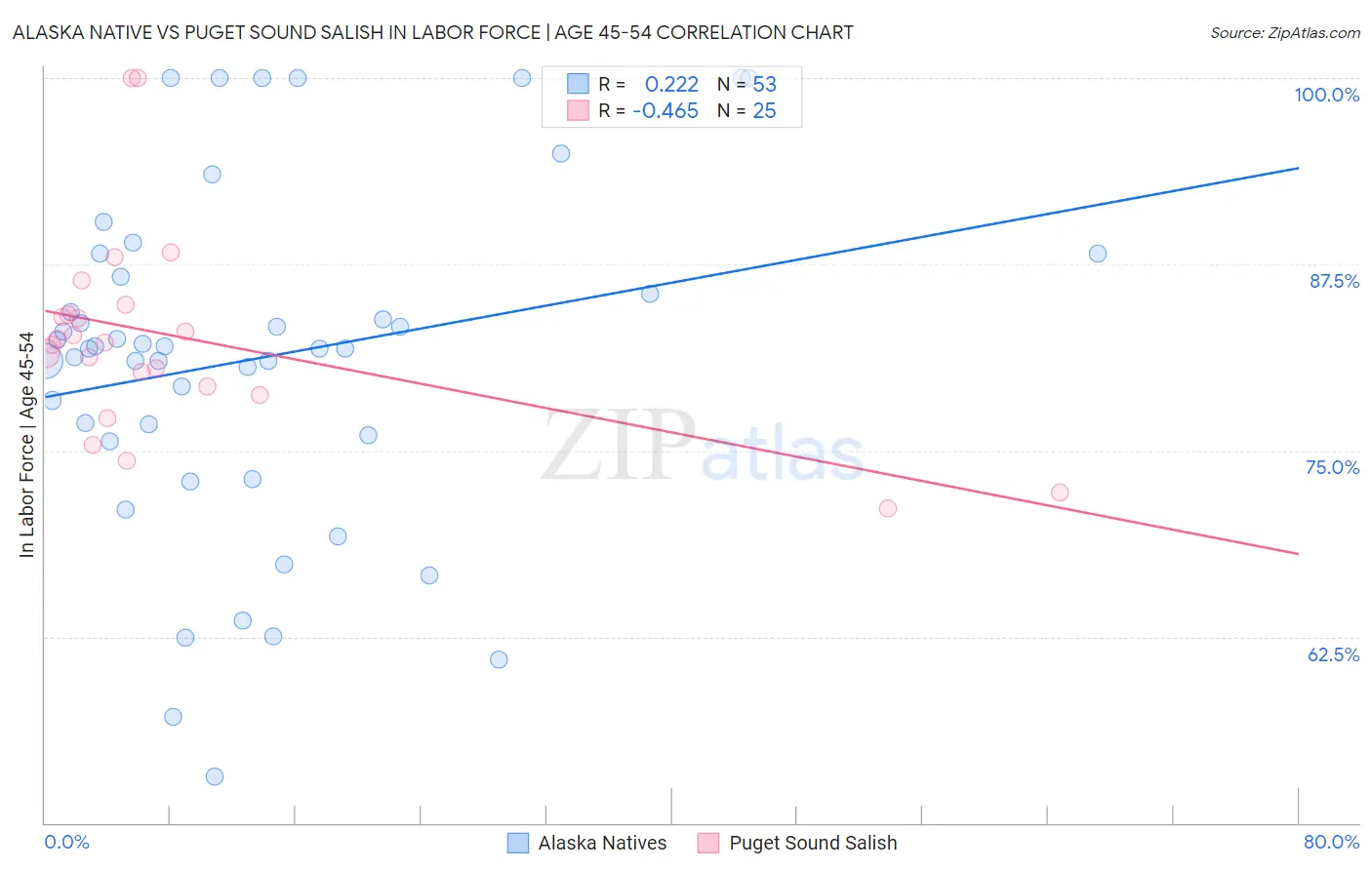 Alaska Native vs Puget Sound Salish In Labor Force | Age 45-54