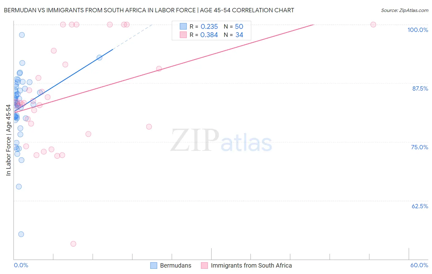 Bermudan vs Immigrants from South Africa In Labor Force | Age 45-54