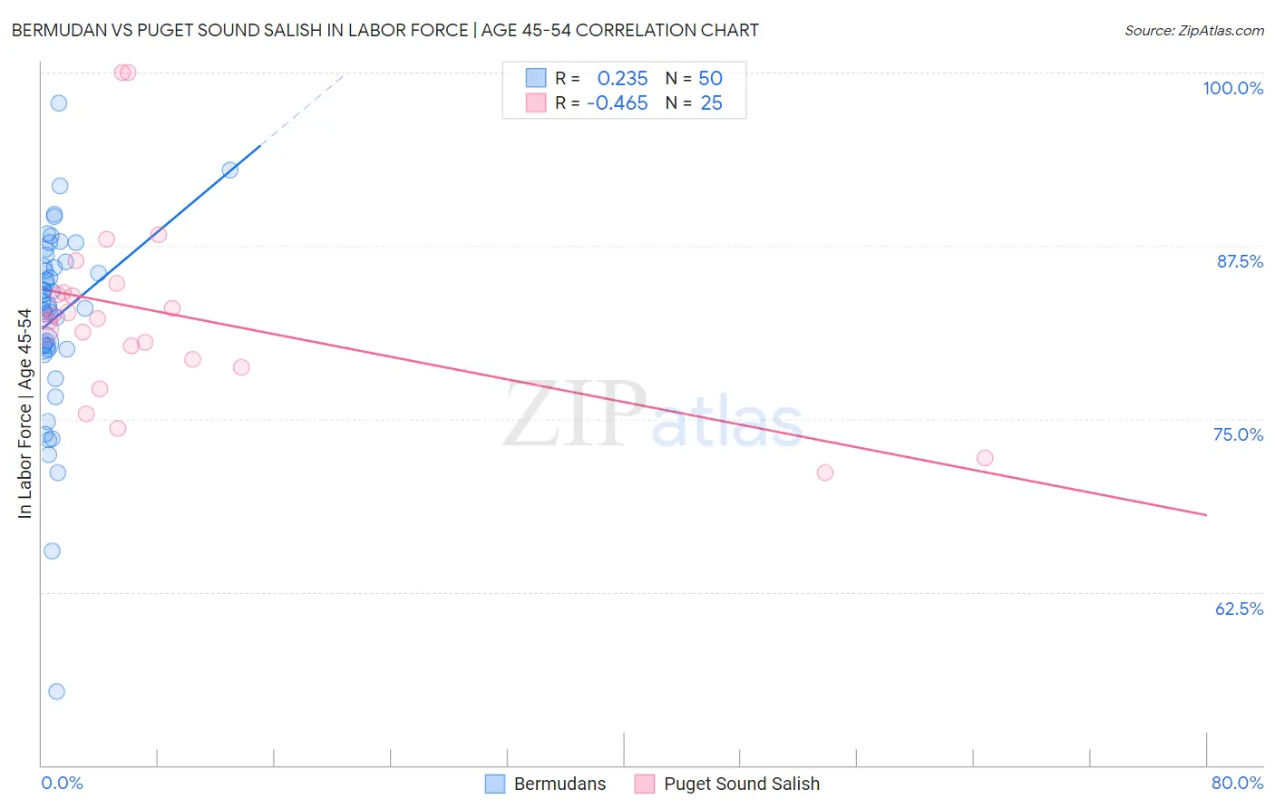 Bermudan vs Puget Sound Salish In Labor Force | Age 45-54