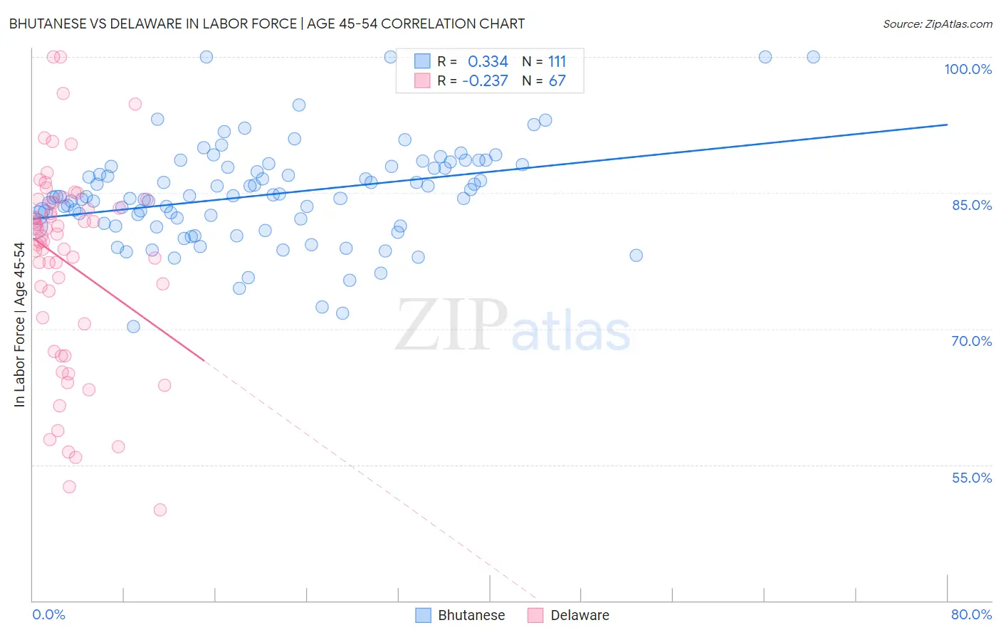 Bhutanese vs Delaware In Labor Force | Age 45-54