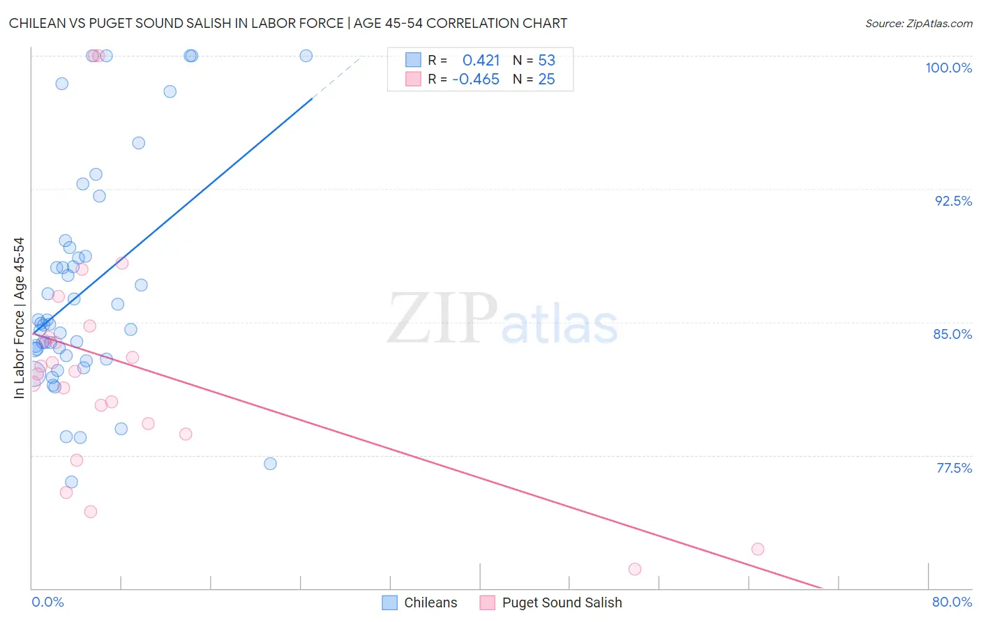 Chilean vs Puget Sound Salish In Labor Force | Age 45-54