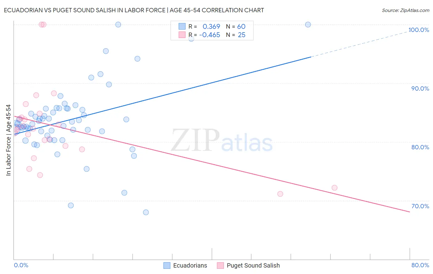 Ecuadorian vs Puget Sound Salish In Labor Force | Age 45-54