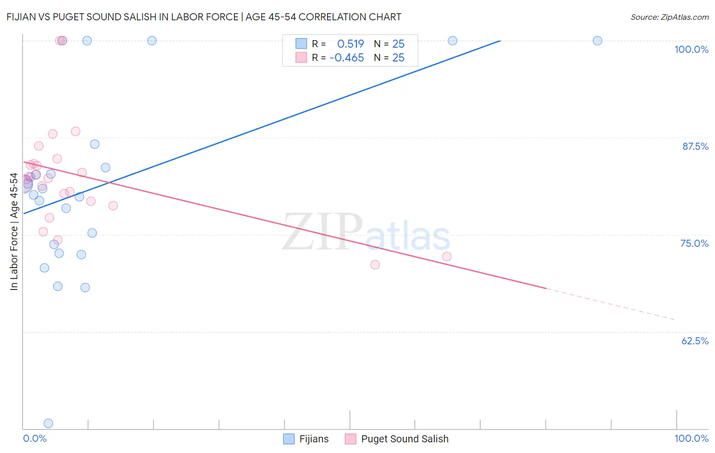 Fijian vs Puget Sound Salish In Labor Force | Age 45-54