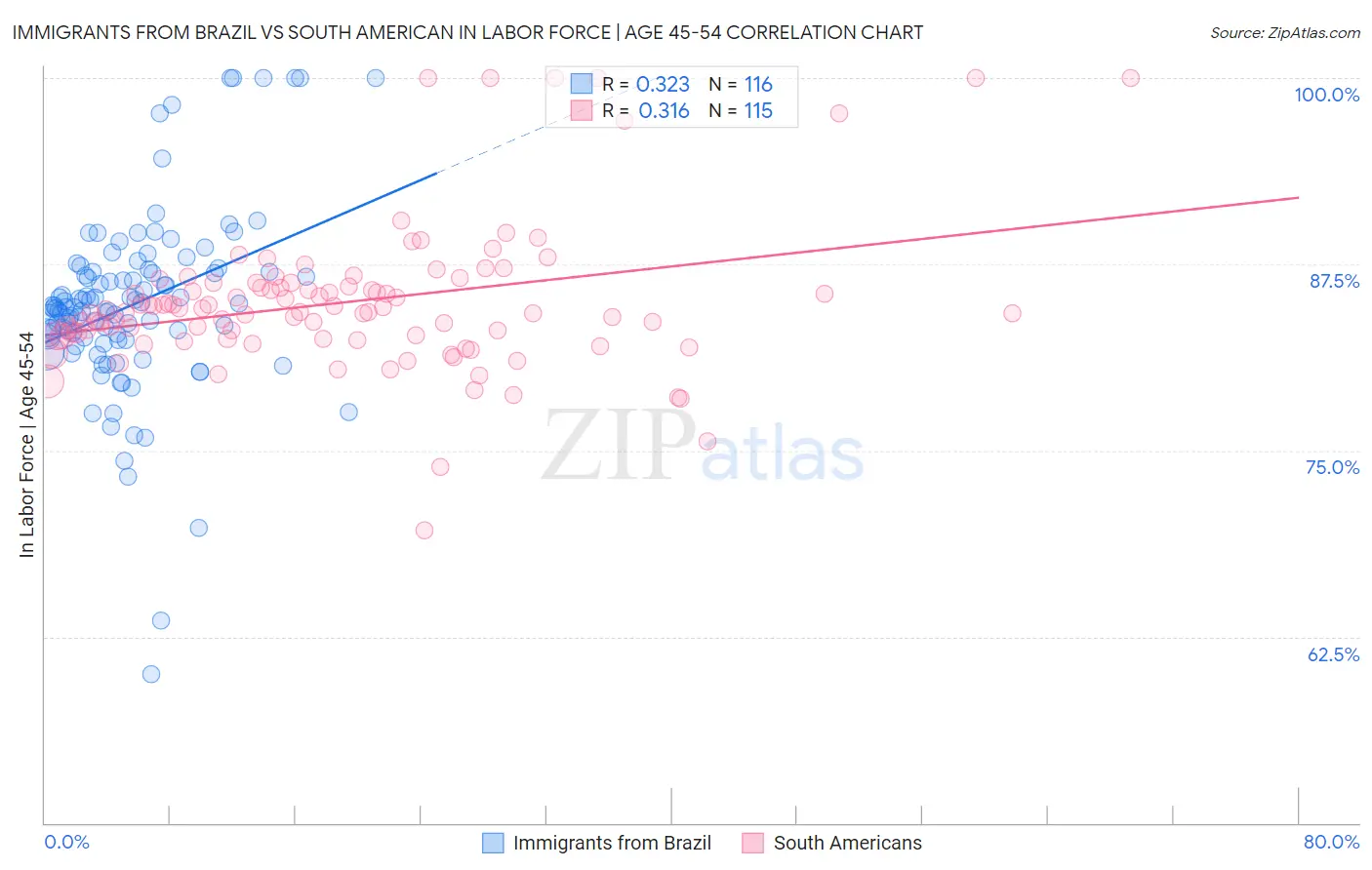 Immigrants from Brazil vs South American In Labor Force | Age 45-54