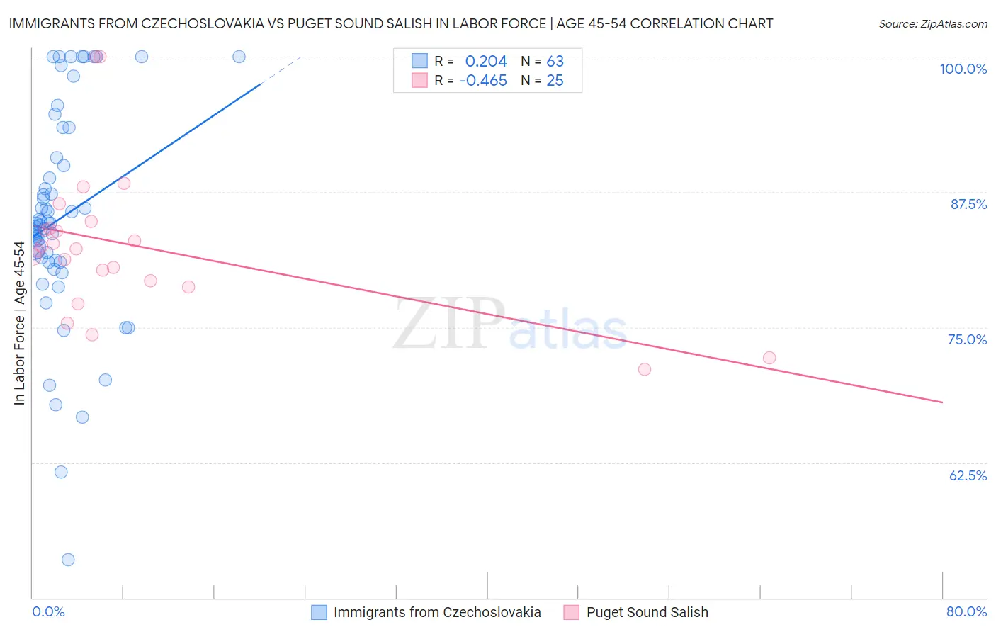 Immigrants from Czechoslovakia vs Puget Sound Salish In Labor Force | Age 45-54