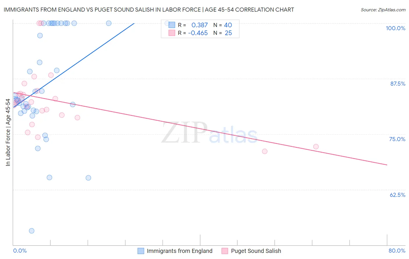 Immigrants from England vs Puget Sound Salish In Labor Force | Age 45-54