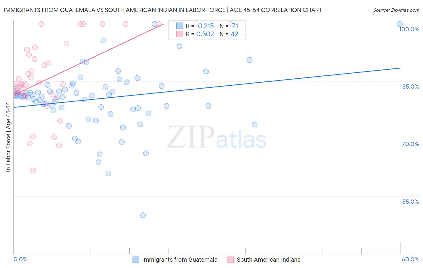 Immigrants from Guatemala vs South American Indian In Labor Force | Age 45-54