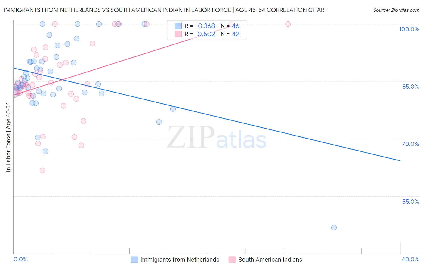 Immigrants from Netherlands vs South American Indian In Labor Force | Age 45-54