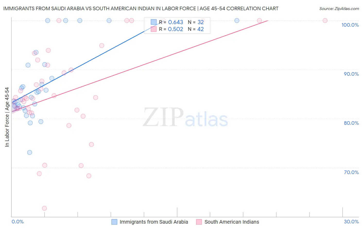 Immigrants from Saudi Arabia vs South American Indian In Labor Force | Age 45-54