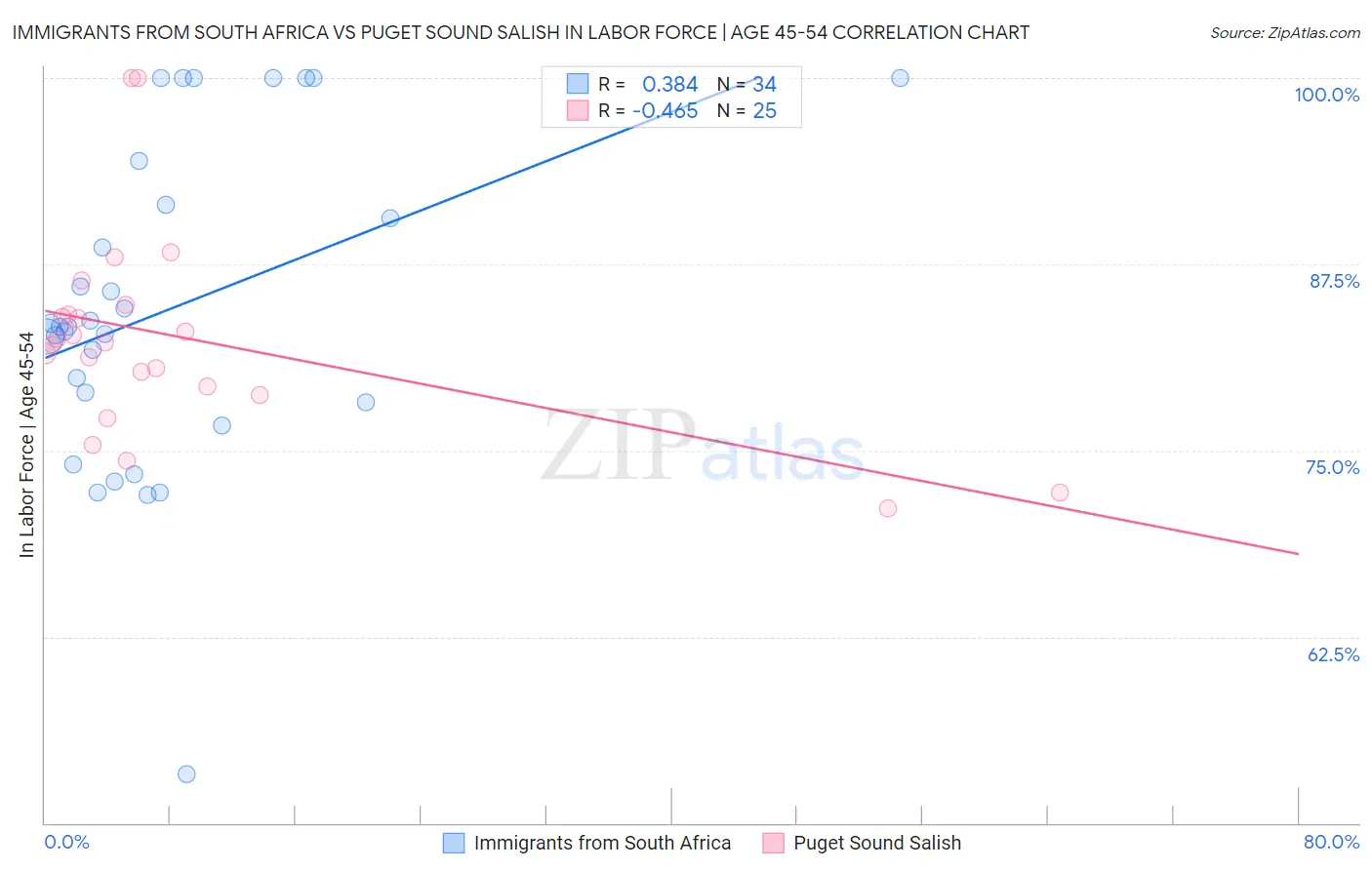 Immigrants from South Africa vs Puget Sound Salish In Labor Force | Age 45-54