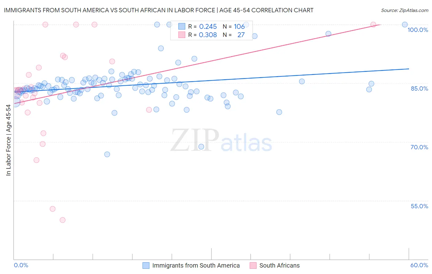 Immigrants from South America vs South African In Labor Force | Age 45-54