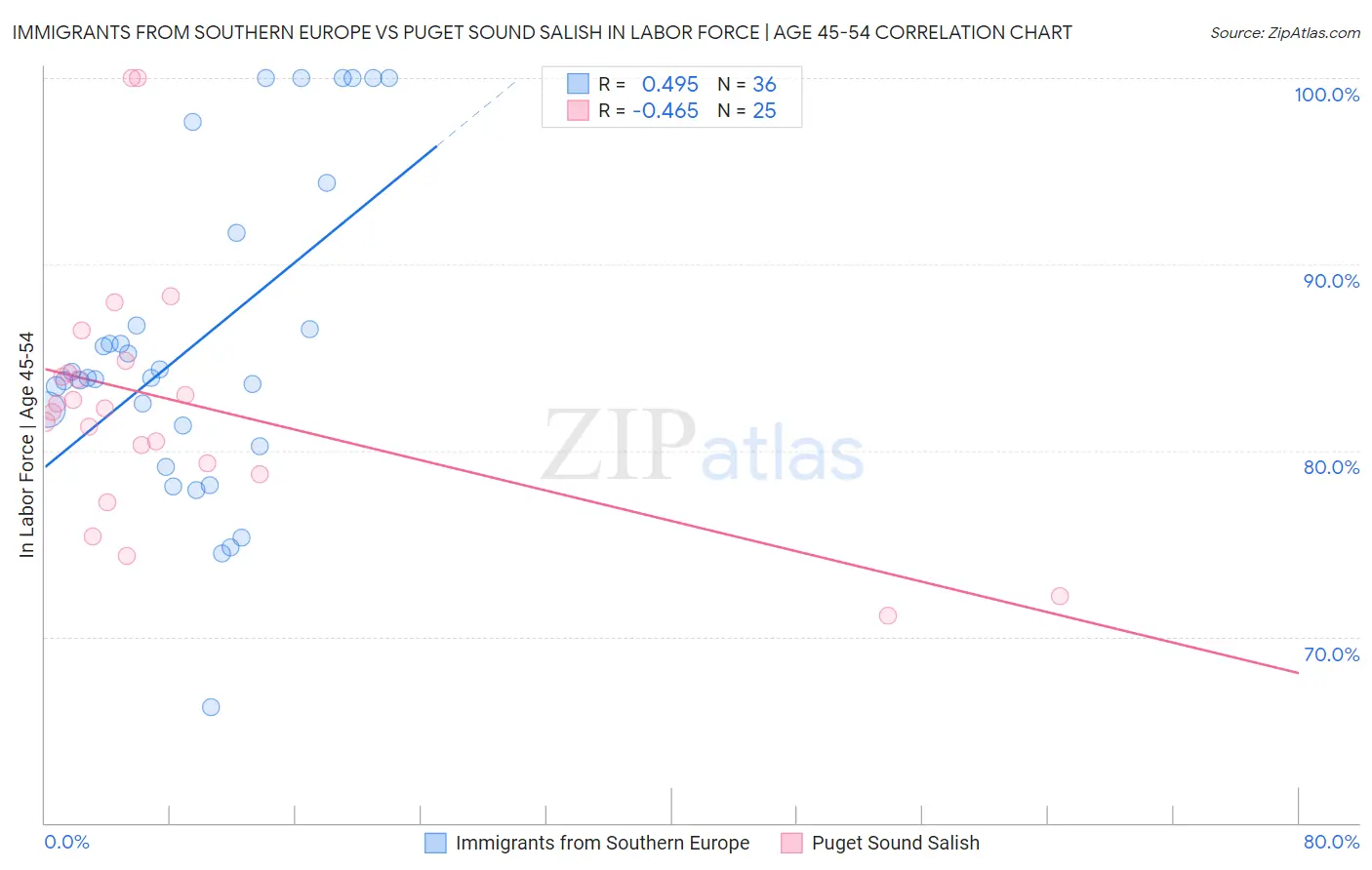 Immigrants from Southern Europe vs Puget Sound Salish In Labor Force | Age 45-54