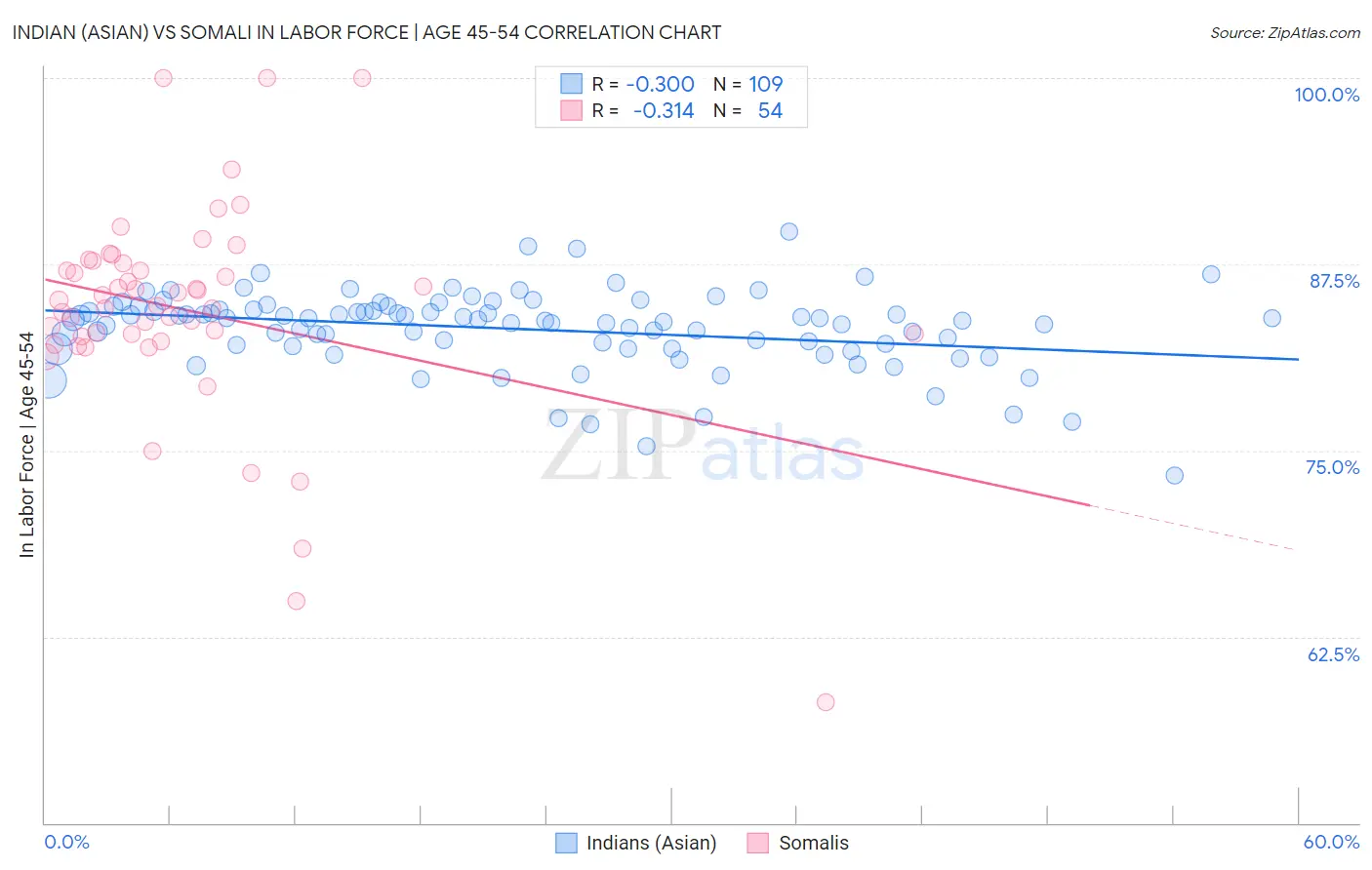 Indian (Asian) vs Somali In Labor Force | Age 45-54