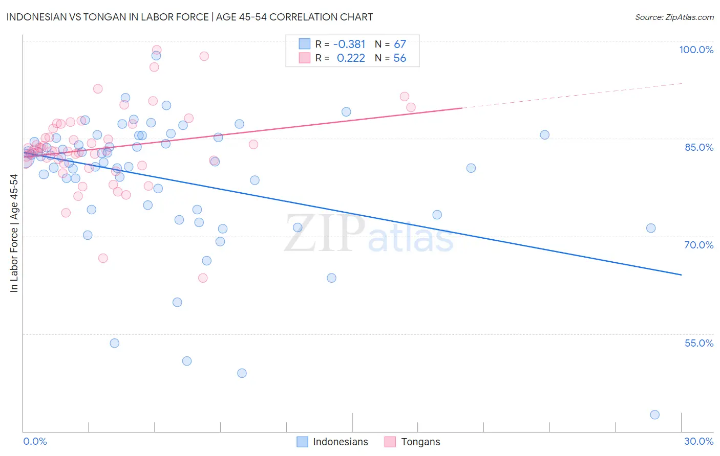 Indonesian vs Tongan In Labor Force | Age 45-54