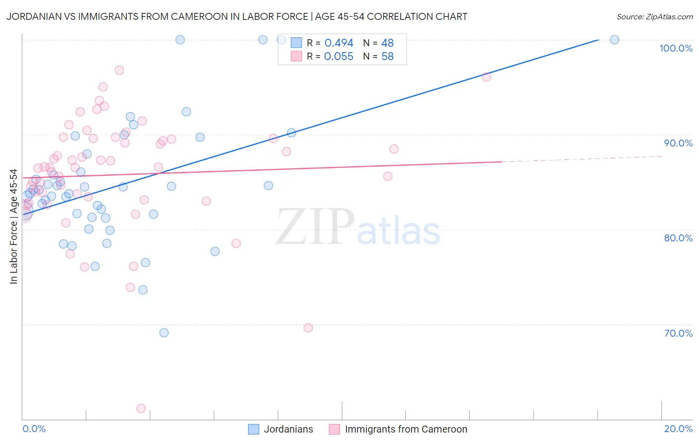 Jordanian vs Immigrants from Cameroon In Labor Force | Age 45-54