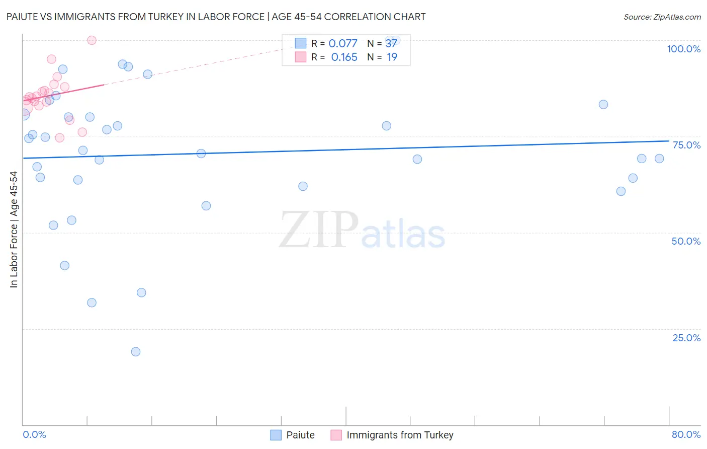 Paiute vs Immigrants from Turkey In Labor Force | Age 45-54