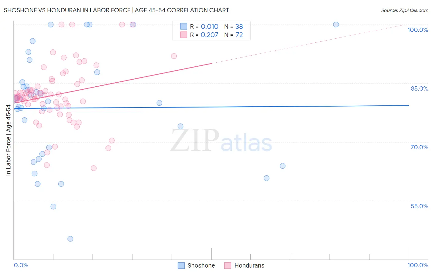 Shoshone vs Honduran In Labor Force | Age 45-54