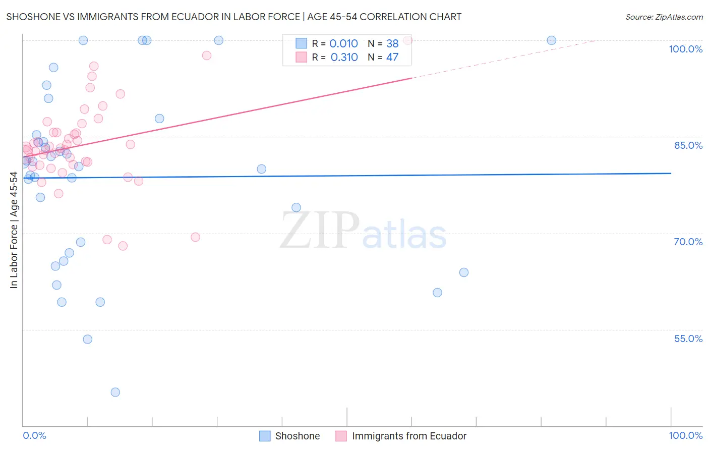 Shoshone vs Immigrants from Ecuador In Labor Force | Age 45-54