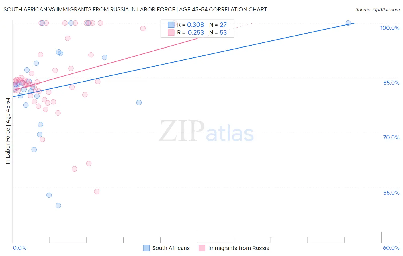 South African vs Immigrants from Russia In Labor Force | Age 45-54