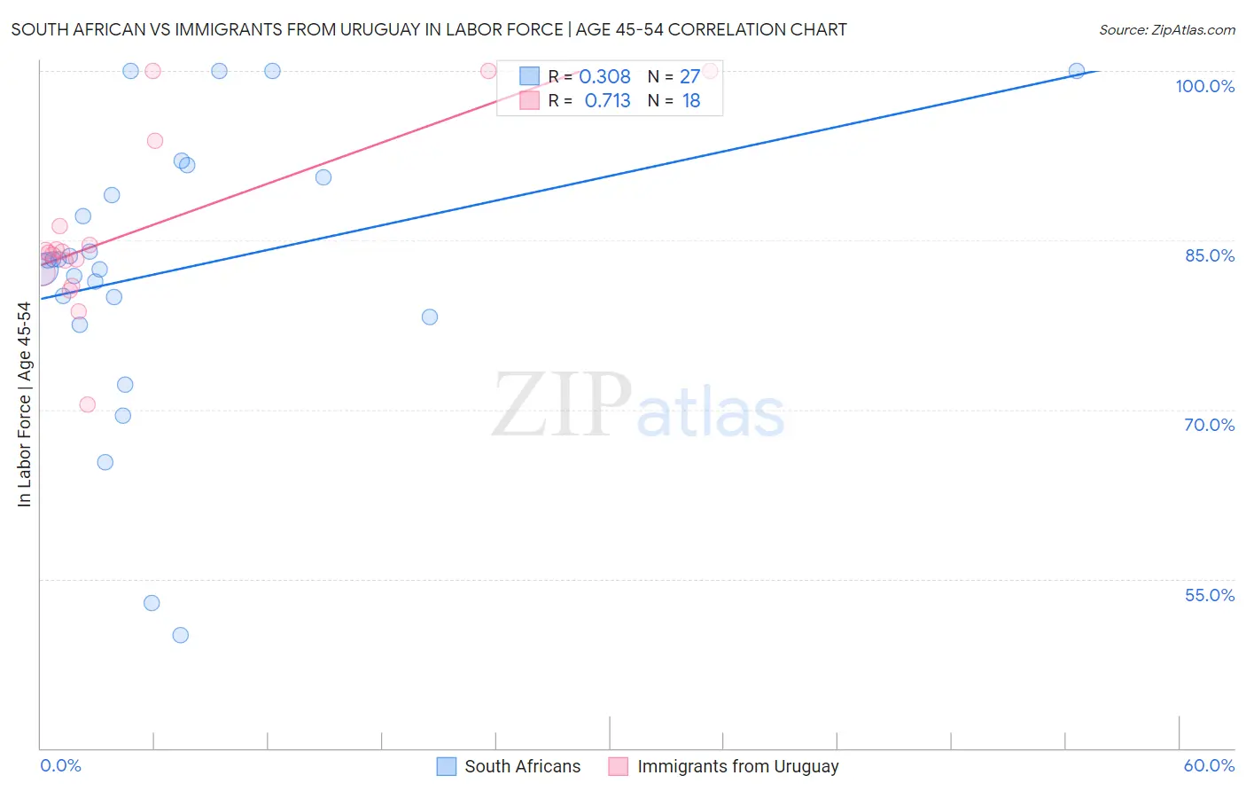 South African vs Immigrants from Uruguay In Labor Force | Age 45-54