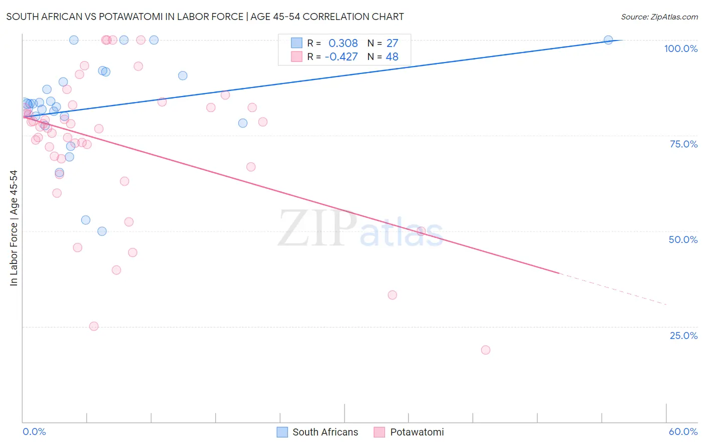 South African vs Potawatomi In Labor Force | Age 45-54