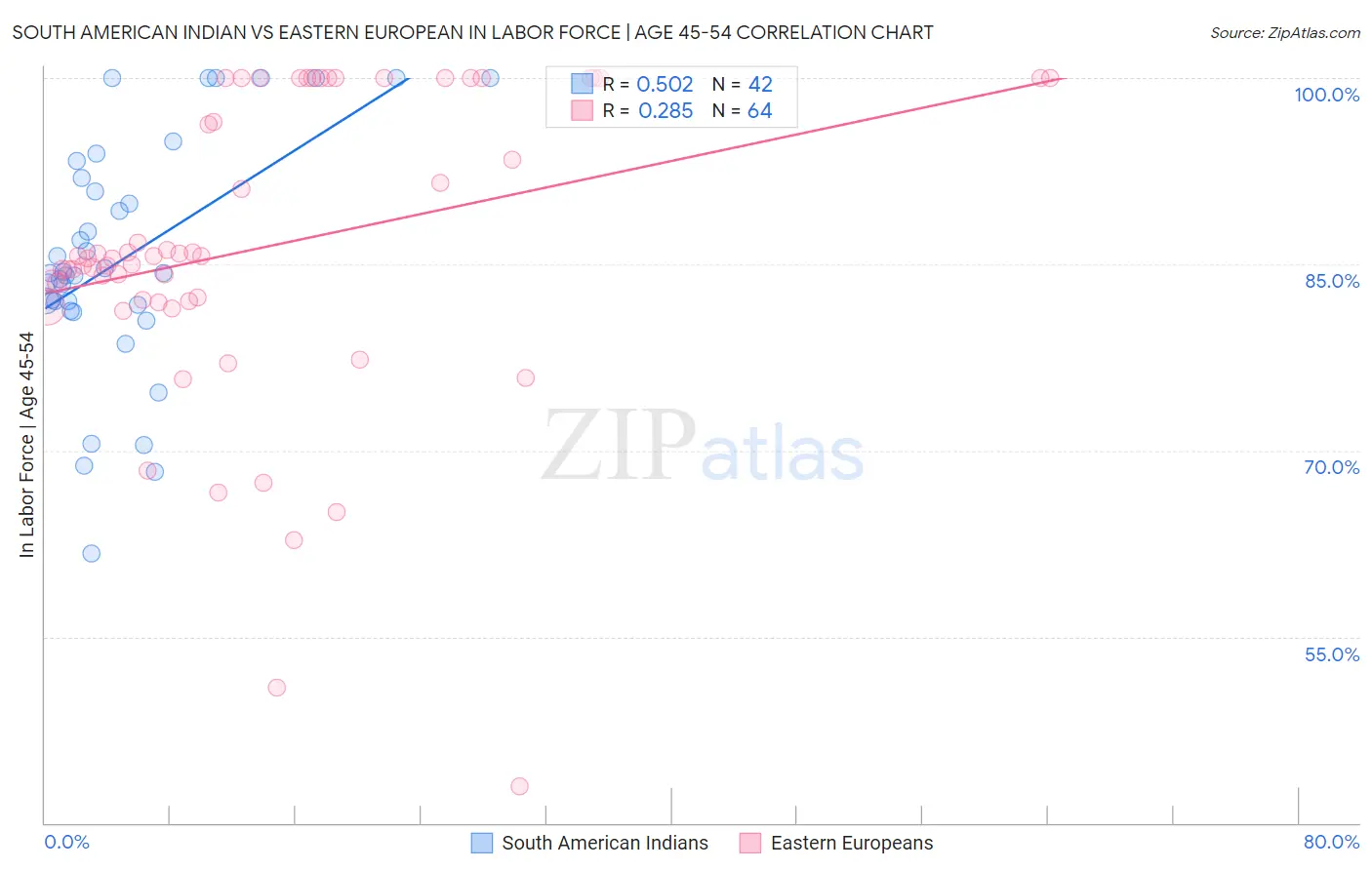 South American Indian vs Eastern European In Labor Force | Age 45-54