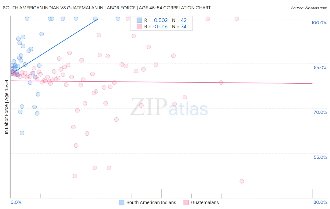 South American Indian vs Guatemalan In Labor Force | Age 45-54