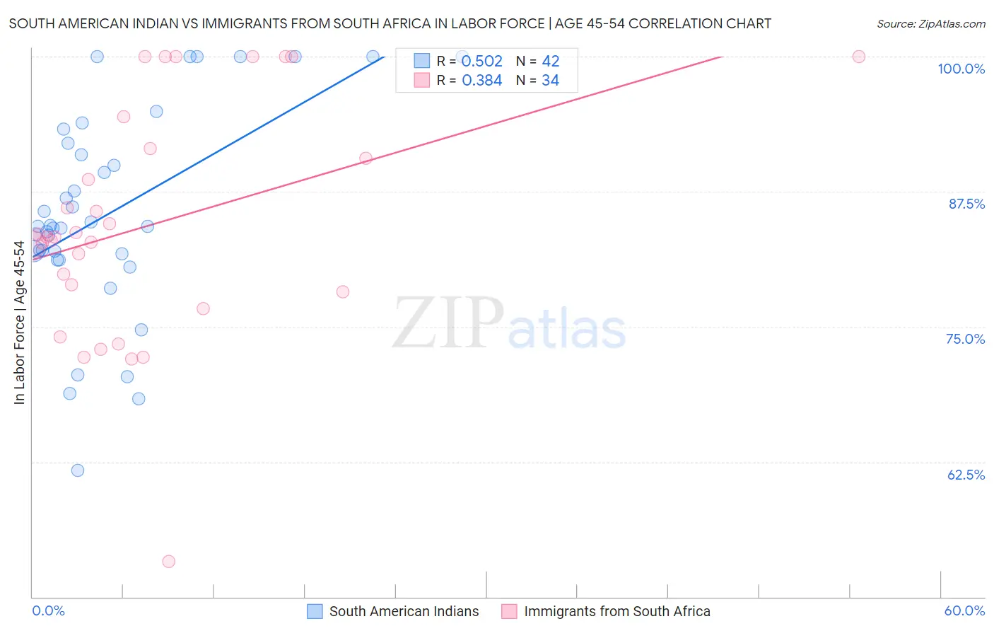 South American Indian vs Immigrants from South Africa In Labor Force | Age 45-54