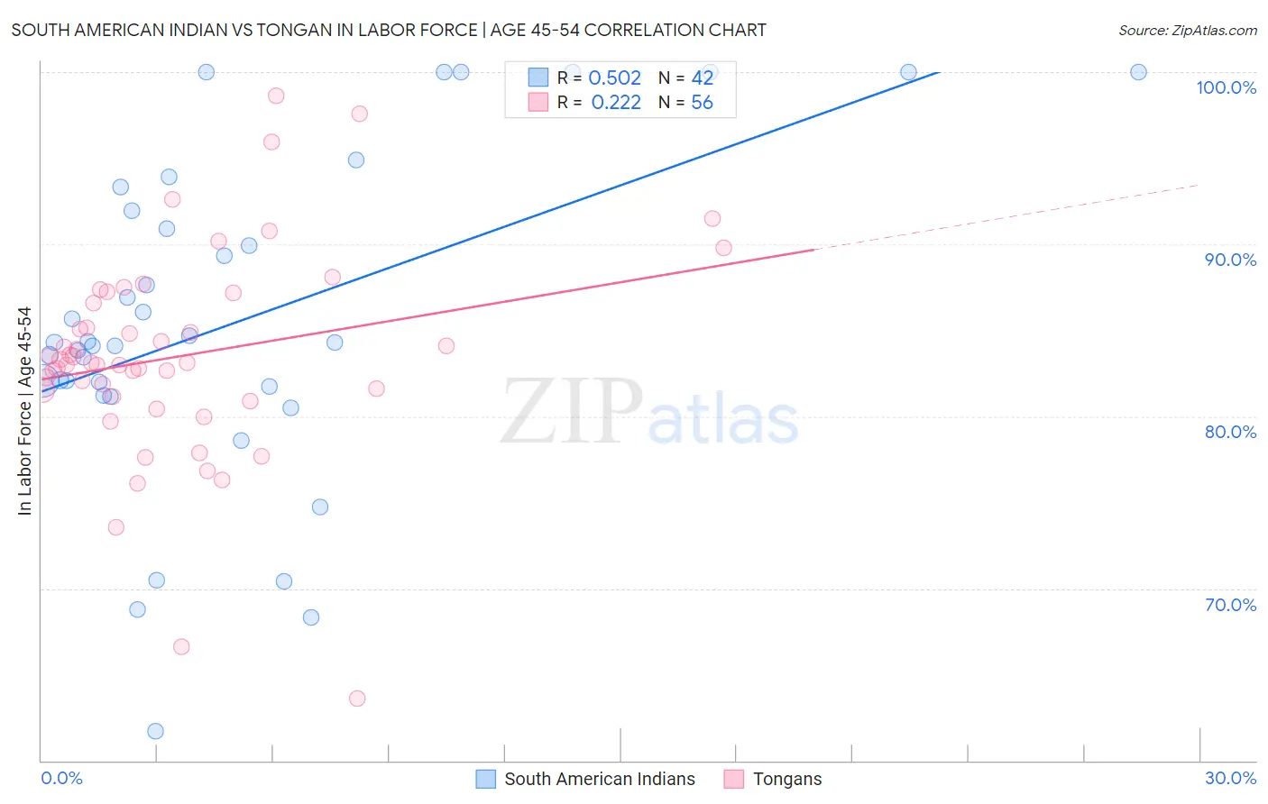 South American Indian vs Tongan In Labor Force | Age 45-54