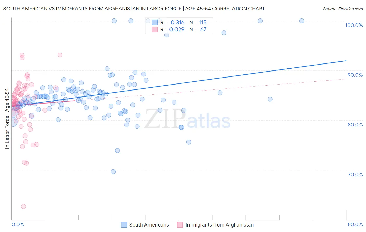 South American vs Immigrants from Afghanistan In Labor Force | Age 45-54