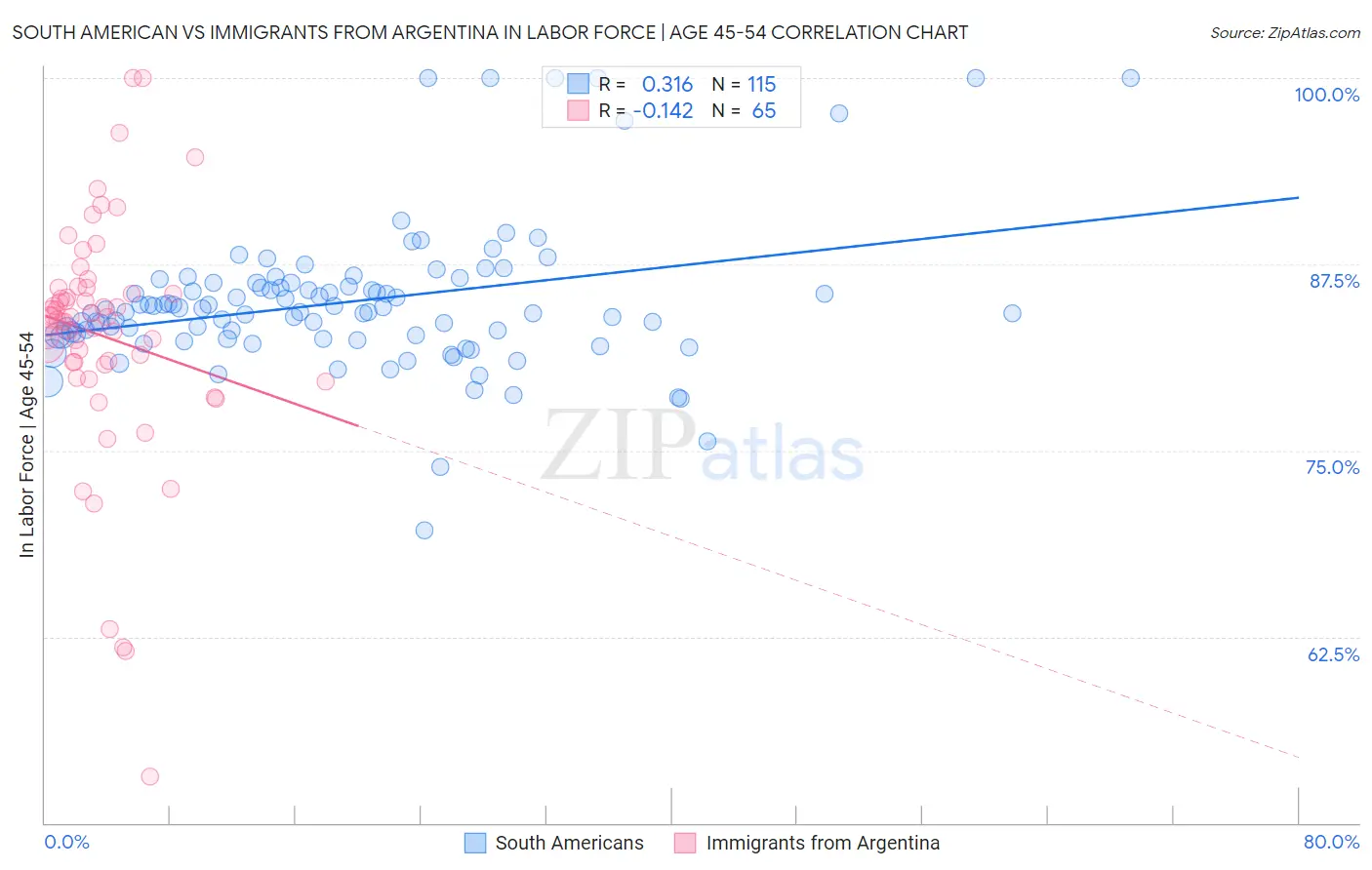 South American vs Immigrants from Argentina In Labor Force | Age 45-54