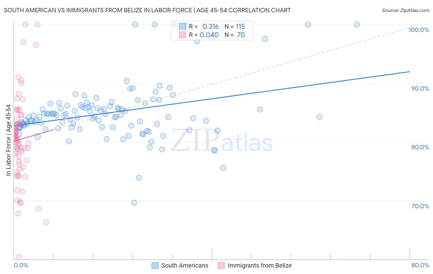 South American vs Immigrants from Belize In Labor Force | Age 45-54